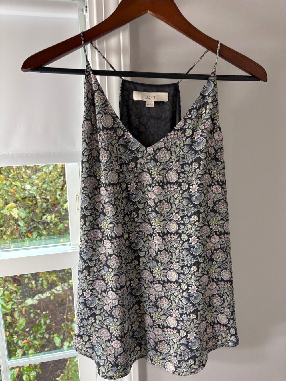 LOFT Black Floral Slip Dress with Pink and Green Bouquet Print